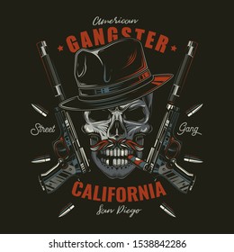 Original vector illustration in retro style. Angry skull bandit in hat on background of two pistols with silencers. T-shirt or sticker design.
