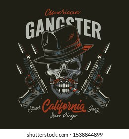 Original vector illustration in retro style. Angry skull bandit in hat on background of two guns and bullets. T-shirt or sticker design.