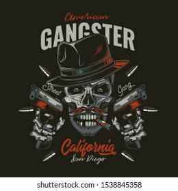 Original vector illustration in retro style. Evil skull bandit in a hat with two guns in his hands. T-shirt or sticker design.