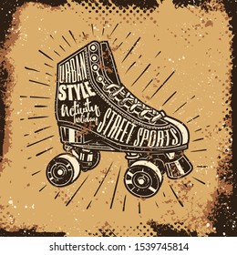 Original vector illustration in retro style. Old roller skates on a grunge background.
