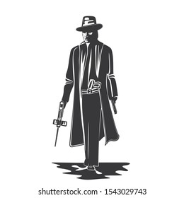 Original vector illustration in retro style on. A thug in a hat and raincoat with a Thompson submachine gun and a pistol in the night. America 30s