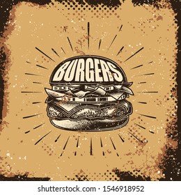 Original Vektorgrafik im Retro-Stil. Burger mit Cutlet, Tomaten und Kräutern auf grauem Hintergrund.