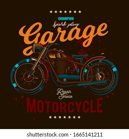 Original vector illustration in retro style. T-shirt or poster design with an illustration of an old motorcycle.