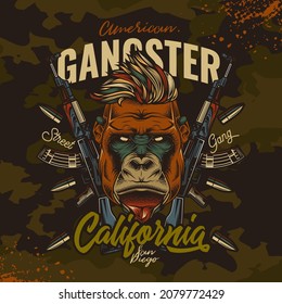 Original vector illustration in retro style. Angry gorilla-hipster on the background of automatic weapons and bullets. Camouflage background.