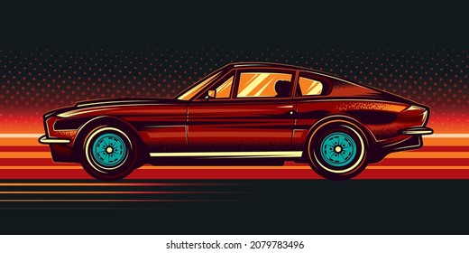 Original vector illustration in retro style. American muscle car on a bright background in the style of 80-90's