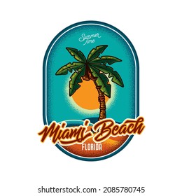 Original vector illustration in retro style. Emblem with palm tree on the beach, against the background of the sea and sunset.