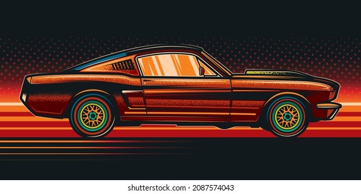 Original vector illustration in retro style. American muscle car on a bright background in the style of 80-90's