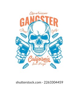 Ilustración vectorial original en estilo retro. Bandido de cráneo con dos armas en las manos. Diseño de camisetas o pegatinas.