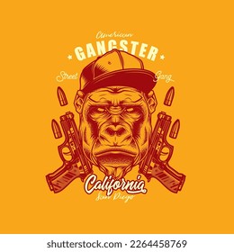 Ilustración vectorial original en un estilo retro. Gorila enojado con una gorra de béisbol, al fondo de dos armas. Diseño de camisetas o pegatinas.