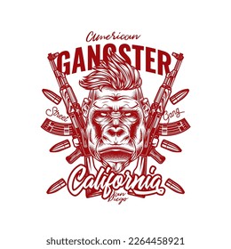 Original Vektorgrafik im Retro-Stil. Wütende Gorilla-Hipster auf dem Hintergrund von automatischen Waffen und Kugeln. T-Shirt-Design.