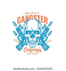 Ilustración vectorial original en estilo retro. Bandido de cráneo sobre el fondo de dos armas. Diseño de camisetas o pegatinas.