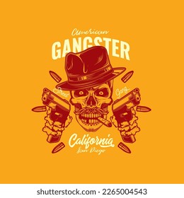 Original vector illustration in retro style. Evil skull bandit in a hat with two guns in his hands. T-shirt or sticker design.