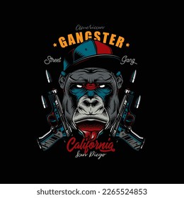 Original Vektorgrafik im Retro-Stil. Wütende Gorilla in einer Baseballkappe, auf dem Hintergrund zweier Gewehre. T-Shirt oder Aufkleber-Design.