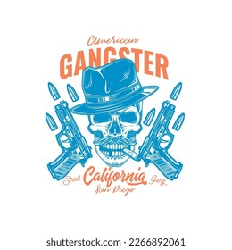 Original Vektorgrafik im Retro-Stil. Wütender Schädelbandit auf Hut auf zwei Kanonen und Kugeln. T-Shirt oder Aufkleber-Design.