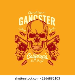 Original Vektorgrafik im Retro-Stil. Schädelbandit mit zwei Gewehren in den Händen. T-Shirt oder Aufkleber-Design.