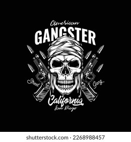 Original vector illustration in retro style. Skull bandit on the background of two guns. T-shirt or sticker design.