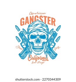 Ilustración vectorial original en estilo retro. Bandido de cráneo sobre el fondo de dos armas. Diseño de camisetas o pegatinas.