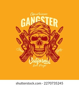 Original vector illustration in retro style. Skull bandit on the background of two guns. T-shirt or sticker design.