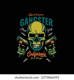 Ilustración vectorial original en estilo retro. Bandido de cráneo con dos armas en las manos. Diseño de camisetas o pegatinas.