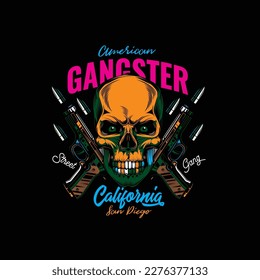 Original vector illustration in retro style. Skull bandit on the background of two guns. T-shirt or sticker design.