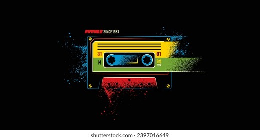 Ilustración vectorial original en estilo retro. Cinta de audio creativa y abstracta en colores brillantes. Diseño de camisetas, elemento de diseño. Dibujado a mano, no IA