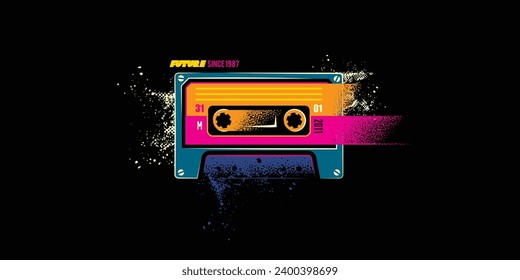 Original Vektorgrafik im Retro-Stil. Kreative, abstrakte Audiokassette in hellen Farben. T-Shirt Design, Design Element. handgezeichnet, scharfe KI