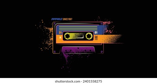 Original vector illustration in retro style. Creative, abstract audio cassette in bright colors. T-shirt design, design element. Hand drawn, not AI