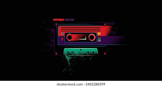 Ilustración vectorial original en estilo retro. Cinta de audio creativa y abstracta en colores brillantes. Diseño de camisetas, elemento de diseño. Dibujado a mano, no IA