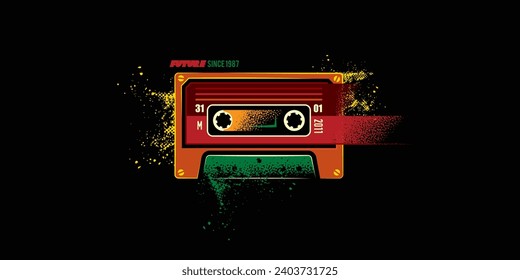 Original vector illustration in retro style. Creative, abstract audio cassette in bright colors. T-shirt design, design element. Hand drawn, not AI