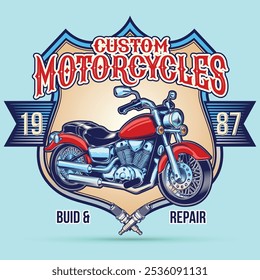 Original vector illustration in retro style.  custom motorcycle 1987. T-shirt Design
