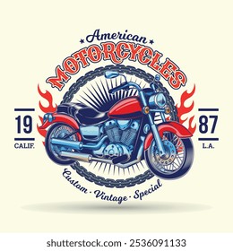 Original vector illustration in retro style.  custom motorcycle 1987. T-shirt Design
