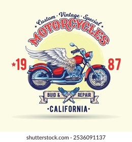 Ilustração vetorial original em estilo retro. motocicleta personalizada 1987. Design de camiseta
