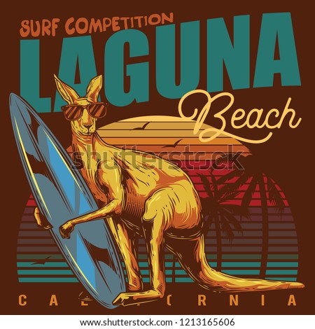 Original vector illustration in retro style. Kangaroo surfing in paws on the beach.
