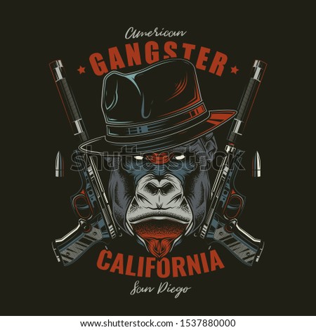 Original vector illustration in a retro style. Angry gorilla gangster in a hat on the background of two guns with silencers. T-shirt or sticker design.