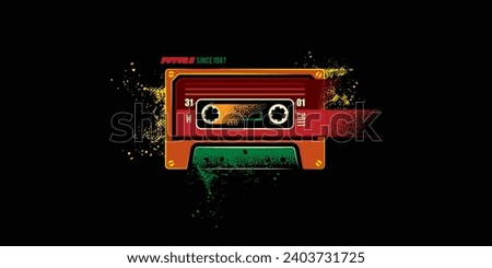 Original vector illustration in retro style. Creative, abstract audio cassette in bright colors. T-shirt design, design element. Hand drawn, not AI