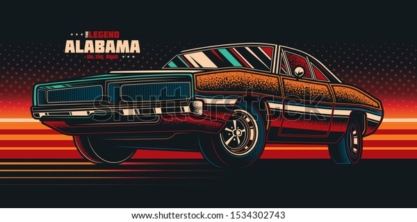 Original vector\
illustration in retro style. American muscle car on a bright\
background in the style of\
80-90\'s