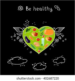 Original vector illustration - Romantic card with heart made of colorful bright fresh vegetables, wings and clouds on black background.