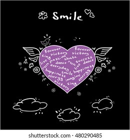 Original vector illustration - Romantic card with violet heart made of hand written words, wings and clouds on black background.