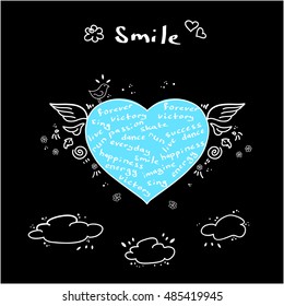 Original vector illustration - Romantic card with blue heart made of hand written words, wings and clouds on black background.