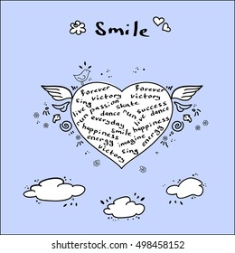 Original vector illustration - Romantic card with white heart made of hand written words, wings and clouds on blue background.