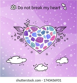 Ilustración vectorial original - Tarjeta de San Valentín romántica con corazón hecho de fragmentos o joyas coloridos, alas y nubes sobre fondo rosado.