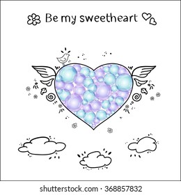 Original vector illustration - Romantic Valentine's day card with heart made of bubbles, wings and clouds on white background. 