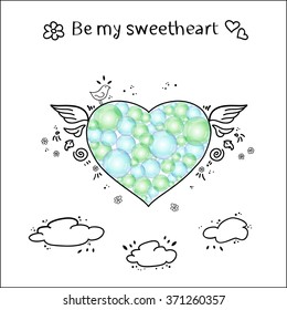 Original vector illustration - Romantic Valentine's day card with heart made of bubbles, wings and clouds on white background.