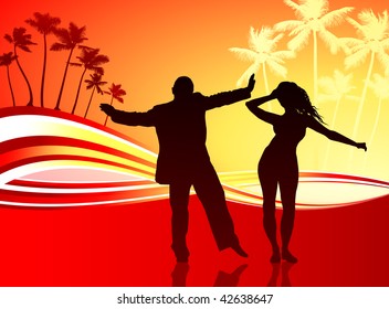 Ilustración vectorial original: pareja sexy con fondo tropical compatible AI8