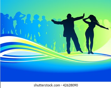 Ilustración vectorial original: Sexy pareja joven bailando en verano con fondo de fiesta AI8 compatible