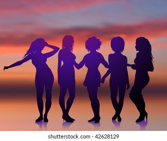 Original Vector Illustration: Sexy young women dancing on summer sunset background AI8 compatible