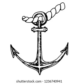 An original vector illustration of a ships anchor and rope in a vintage. Hand drawn illustration of an anchor. Vector nautical symbol.