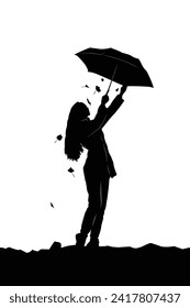 Original vector illustration. Silhouette of a girl with an umbrella, with falling leaves. Hand drawn, not AI