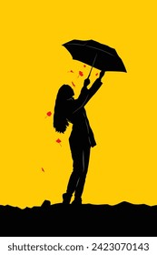 Original vector illustration. Silhouette of a girl with an umbrella on a red background, with falling leaves. Hand drawn, not AI