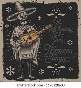 Original vector illustration. Skeleton in a hat and a guitar in his hands. Mexican. Drawing in retro style. Print for t-shirt or sticker